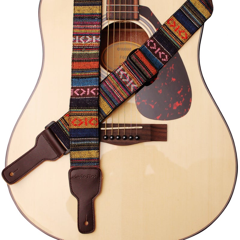 MUSIC FIRST Original Design, 2 inch width (5cm), Classic Country Style Yarn-dyed fabric & Genuine Leather Guitar Strap Electric Guitar strap - Image 1